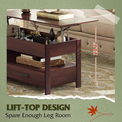 WLIVE Coffee Table, 39" Lift Top Coffee Table with Hidden Compartment, Storage Drawers and Storage Shelf for Living Room, Reception Room, Espresso
