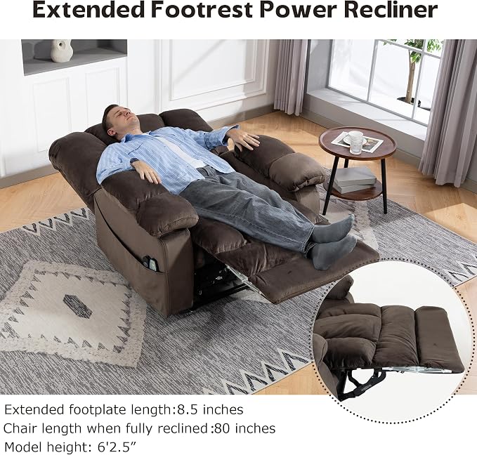 JIKFRIMA Big Man Recliner 500lbs Power Lift Recliner Chair for Big Tall Elderly Adults Oversized Lay Flat Lift Recliner with Extended Footrest,Heat Massage,Flip Arm Storage Cup Holders,USB Type C