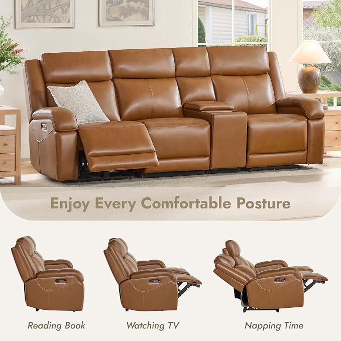 Watson & Whitely Genuine Leather Power Recliner Sofa, 3 Seater Wall Hugger Reclining Sofas with Storage Console, Power Headrest, USB, Electric Recliner Couch Set for Living Room, Saddle Brown