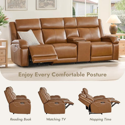 Watson & Whitely Genuine Leather Power Recliner Sofa, 3 Seater Wall Hugger Reclining Sofas with Storage Console, Power Headrest, USB, Electric Recliner Couch Set for Living Room, Saddle Brown