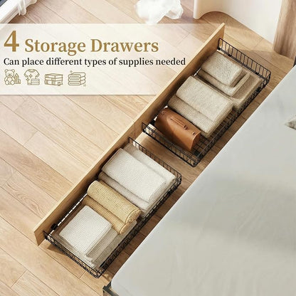 LIKIMIO California King Bed Frame with 4 Storage Drawers, Platform Bed with Charged Headboard, Sturdy and Stable, No Noise, No Box Spring Needed, Easy to Install, Vintage Brown and Black