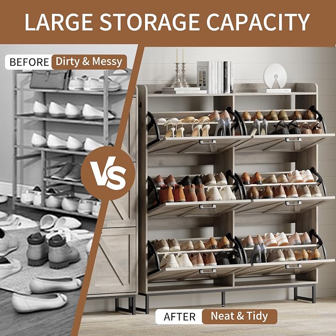 Shoe Cabinet with 6 Flip Drawers, Freestanding Hidden Shoe Storage Organizer for Entryway, Narrow Slim Shoe Rack Cabinet with Open Storage & Hooks for Front Door Entrance, Living Room, Hallway, Grey
