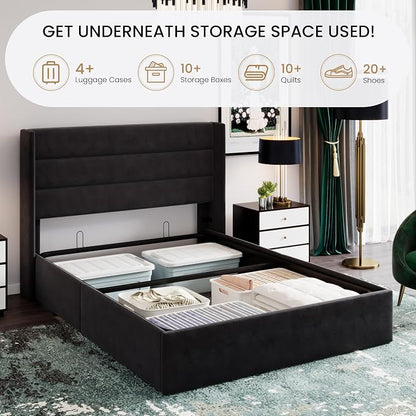 SHA CERLIN Queen Size Lift Up Storage Bed/Velvet Upholstered/Modern Wingback Headboard/Upholstered Platform Bed Frame/Hydraulic Storage/No Box Spring Needed/Black