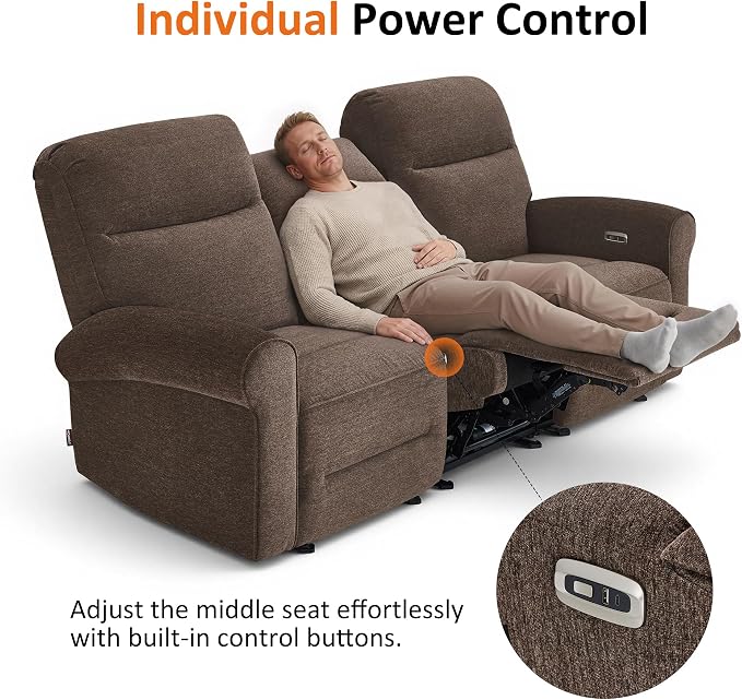 MCombo 87.8" Wall Hugger Power Reclining Sofa, 3-Seat Triple Recliner Couch with USB Ports, Rolled Arm Space Saving Recliner Sofa for Living Rooms Apartments RV, Fabric PR635M5 (Dark Brown)