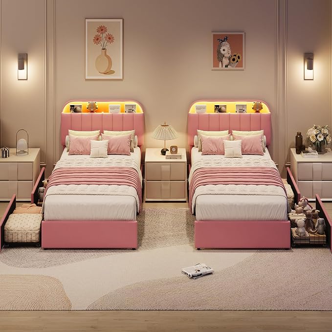 GarveeHome Twin Bed Frame with Storage Headboard, Kids Bed Frame with 2 Drawers, Velvet Upholstered Platform Bed Frame with Lights, No Box Spring Needed, Easy Assembly, Velvet Pink
