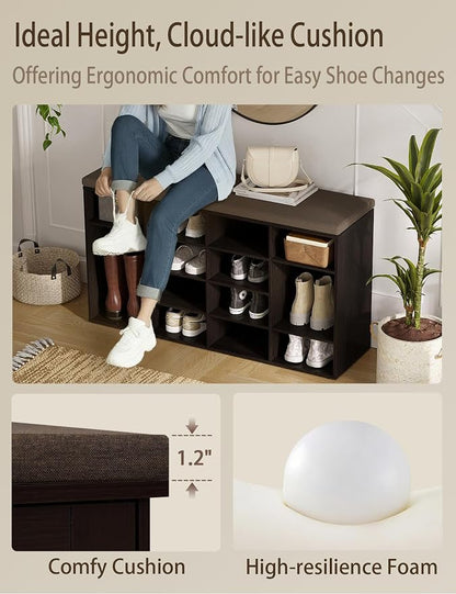 DINZI LVJ Shoe Storage Bench with Cushion, 16-Cubby Shoe Rack, Adjustable Shelves, Multifunctional Shoe Organizer Bench for Entryway, Mudroom, Hallway, Living Room, Bedroom and Garage, Espresso
