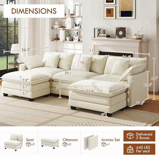 WorthFurni 111.4” Modular Sectional Sofa, U Shape Cloud Couch with 2 Movable Ottoman, Comfy Chenille Deep Seat Sofa with Soft Pillows for Apartment Living Room Bedroom（Beige）