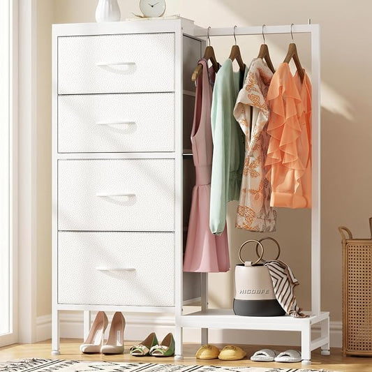 HIGDBFE Tall Dresser 44''H with Hanging Rack, 4 Drawers Small Closet Dresser for Bedroom, Reversible Fabric Chest of Drawers with Clothes Rack, Tall Storage Tower, Sturdy Frame, White