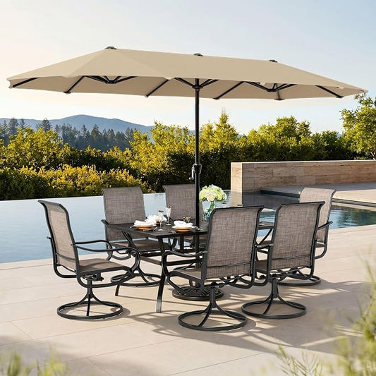 Sophia & William Patio Set with Umbrella 8 Pieces Outdoor Dining Set for 6 with 13ft Double-Sided Umbrella Beige, 6 x Swivel Patio Chairs Brown, 1 Metal Table for Lawn Garden (No Umbrella Base)