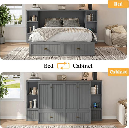 AMERLIFE Full Size Murphy Bed with Bedside Tables, Foldable Cabinet with 3 Storage Drawers & Charging Station, Farmhouse Hideaway Bed for Bedroom/Office/Guest Room, Grey