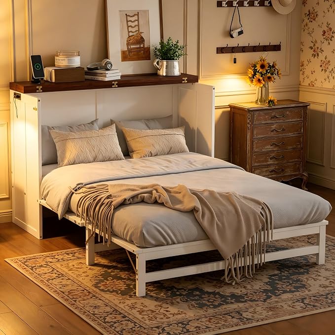 PVWIIK Full Size Murphy Bed with Storage Drawer and UPB,Solid Pine Cabinet Bedframe for Home Office, Guest Room,Multifunctional Bed,White&Walnut