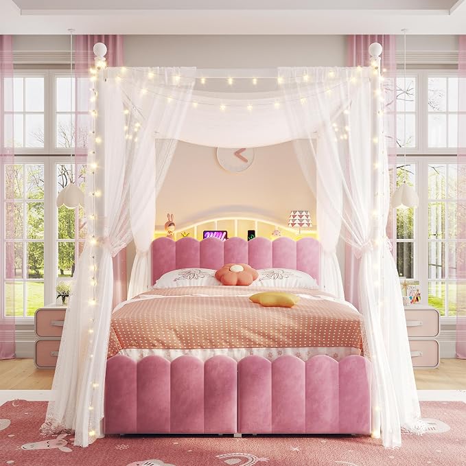 Homkdom Canopy Bed Frame Full with Upholstered Storage Headboard and Charging Station & LED Lights, 2 Oversized Drawers,Heavy-Duty Support, No Box Spring,Quiet Sleep,Easy Assembly, Pink