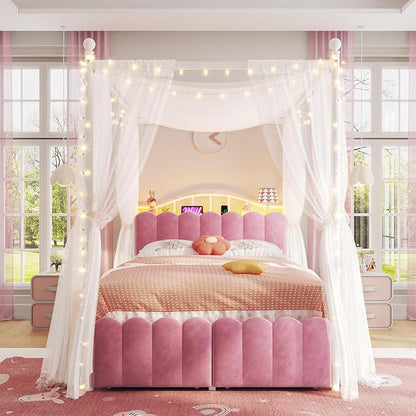 Homkdom Canopy Bed Frame Full with Upholstered Storage Headboard and Charging Station & LED Lights, 2 Oversized Drawers,Heavy-Duty Support, No Box Spring,Quiet Sleep,Easy Assembly, Pink