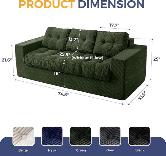 MAXYOYO Oversized Loveseat Sofa Couch, Upholstered Bean Bag Chair Cloud 3-Seat for Adults, Boneless Couch with Tufted Cushion & Pillows, Sofa in A Box, No Assembly Required, Dark Green