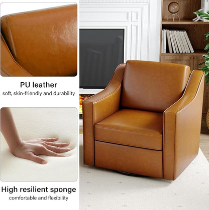 Swivel Accent Chair, Modern Round Barrel Arm Chair for Living Room, Bedroom, Comfy Club Reading Chairs for Adults (Leather Brown, Set of 2)