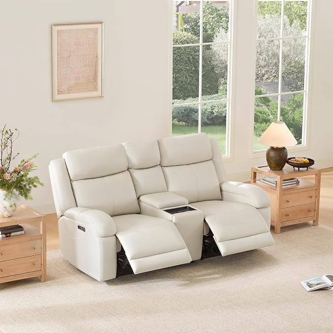 Watson & Whitely Genuine Leather Power Loveseat Recliner Sofa, Wall Hugger Loveseat Reclining Sofa with Storage Console, Power Headrest, Cup Holders, Dual Recliners for Living Room, RV, Cream