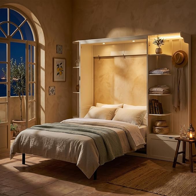 Murphy Bed Queen Size,Murphy Bed with Storage & Lights,Wall Bedframe w/Hidden Fold-Out Legs & Built-in Shelves & Cabinets，Hook,Space-Saving,White