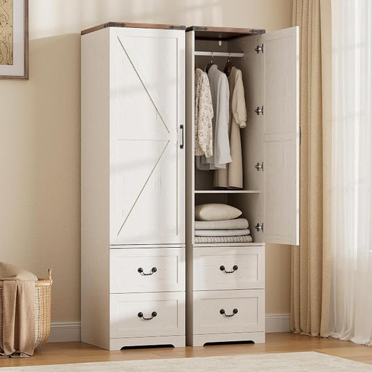 Vabches 71” Tall Farmhouse Armoire Wardrobe Closet, Rustic Narrow Wooden Cabinet for Clothing with Single Door (Reversible Hinge), 2 Large Storage Drawers, Hanging Rod & Adjustable Shelf