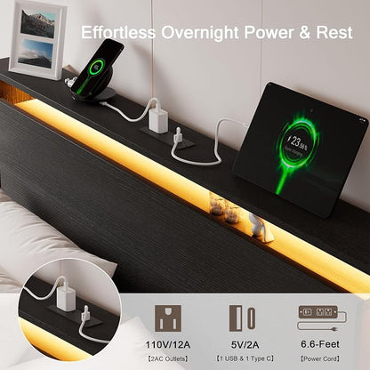 Einhomn Bed Frame Queen Size with LED Lights & Charging Station – Kids Wood Floating Queen Bed Frame with Storage Headboard, Adhesive Slats, Kick-Free & Noise-Free Design, Easy Assembly, Black