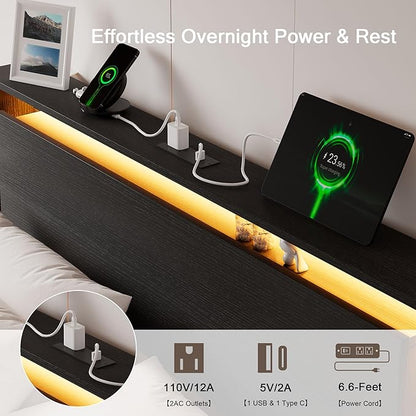 Einhomn Full Size Bed Frame with LED Lights & Charging Station – Kids Wood Floating Bed Frame with Storage Headboard, Adhesive Slats, Kick-Free & Noise-Free Design, Easy Assembly, Black