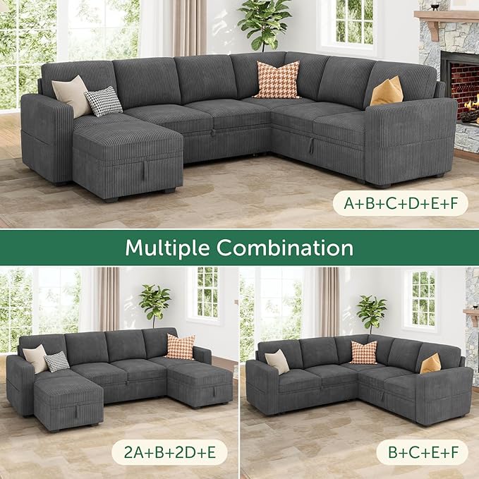 HONBAY Modular Sectional Sleeper Sofa Bed, Corduroy Pull Out Couch with Storage Ottoman, U Shaped Sectional Couches for Living Room, Dark Grey