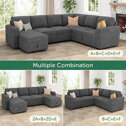 HONBAY Modular Sectional Sleeper Sofa Bed, Corduroy Pull Out Couch with Storage Ottoman, U Shaped Sectional Couches for Living Room, Dark Grey