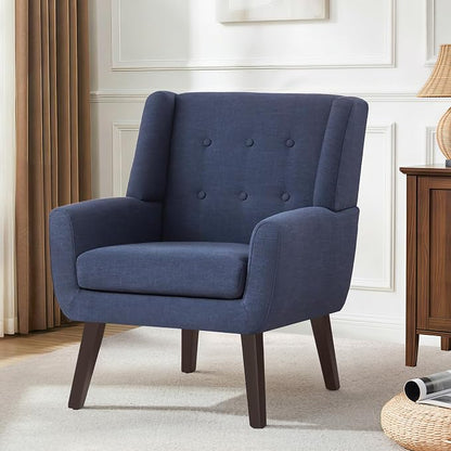 HUIMO Accent Chair Living Room Chair, Upholstered Button Tufted Armchair, Linen Fabric Sofa Chairs for Bedroom, Living Room, Mid Century Modern Comfy Reading Chair (Dark Blue)