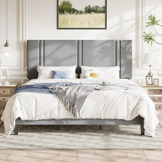 Allewie King Size Platform Bed Frame with Adjustable Headboard, Plush Velvet Upholstered, Vertical Channel Tufted, Sturdy Wooden Slats, No Box Spring Needed, Easy Assembly, Grey