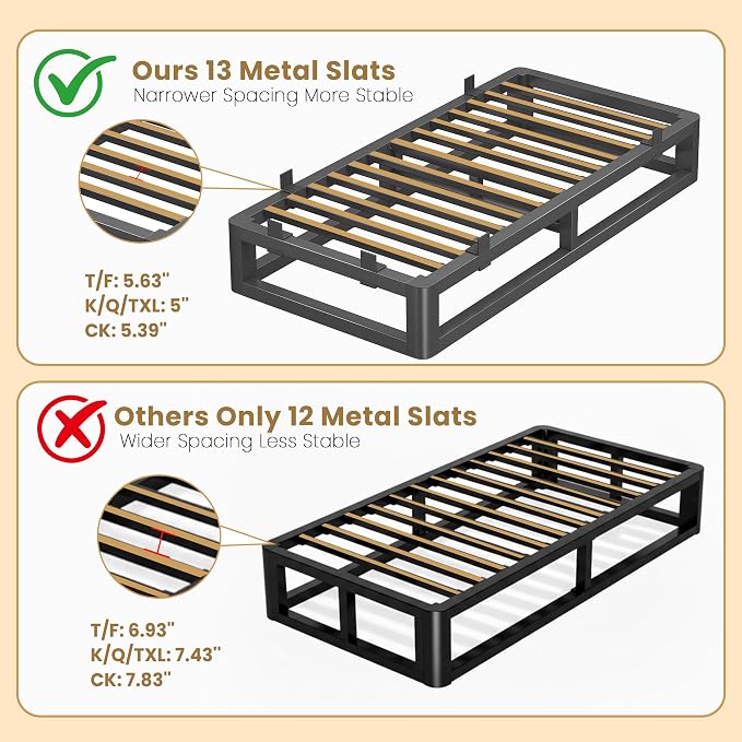 10 Inch Twin XL Bed Frame with Rounded Corner and Squeak Free U-Slot Design, Metal Platform Bed Frames 6 Non-Slip Guards, 3500lbs Heavy Duty Steel Slat Support, No Box Spring Needed, Black