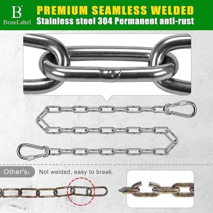 BeneLabel 2Pcs 100" (8.3ft) Swing Chain with Hooks 304 Stainless Steel Porch Swing Chains 1000 LBs Capacity Hanging Chains for Hammock Chairs, Swingset, Tree Swing, Hanging Chair, Heavy Bags