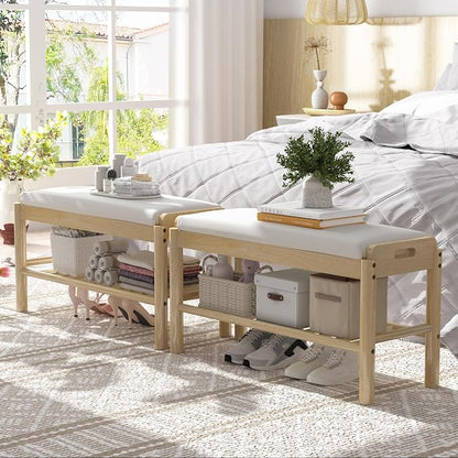 Entryway Shoe Storage Bench, 2-Tier Wood Shoe Rack with Cushion, Padded Seat Entryway Organizer with Shelf & Hidden Storage for Entry, Hallway, Living Room, Bedroom, Closet (Natural, 31.5")