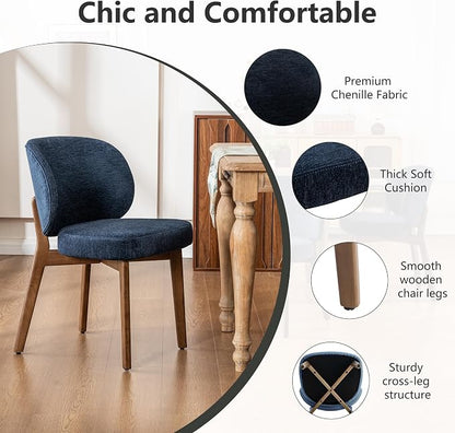 YOUNIKE Single Dining Chair Modern Kitchen Dining Room Chair Navy Blue | Chenille Fabric Upholstered Armless Side Accent Chair with Back 20.1" Wide Padded Seat Wooden Legs for Living Room Bedroom