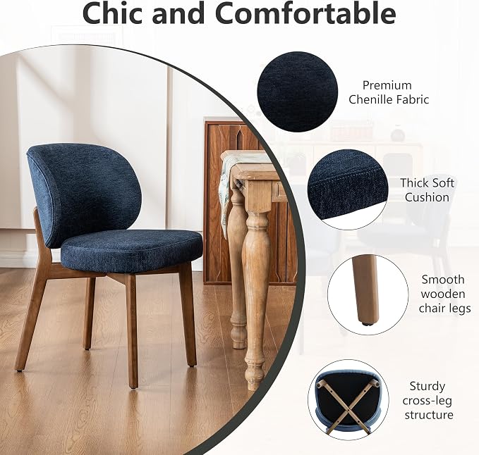 YOUNIKE Dining Chairs Set of 8 Modern Kitchen Dining Room Chairs Navy Blue | Chenille Fabric Upholstered Armless Side Accent Chair with Back Wide Padded Seat Wooden Leg, Soft, Breathable, Comfortable
