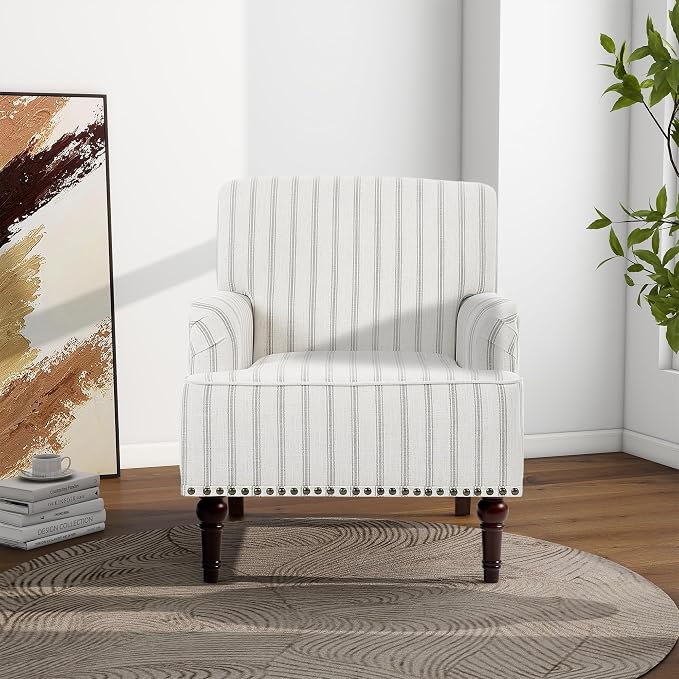 Accent Chair, Mid Century Modern Comfy Armchair for Living Room, Linen Fabric Single Sofa Lounge for Reading Bedroom Apartment Waiting Room with Wood Legs (Pinstripe Grey, Set of 2)