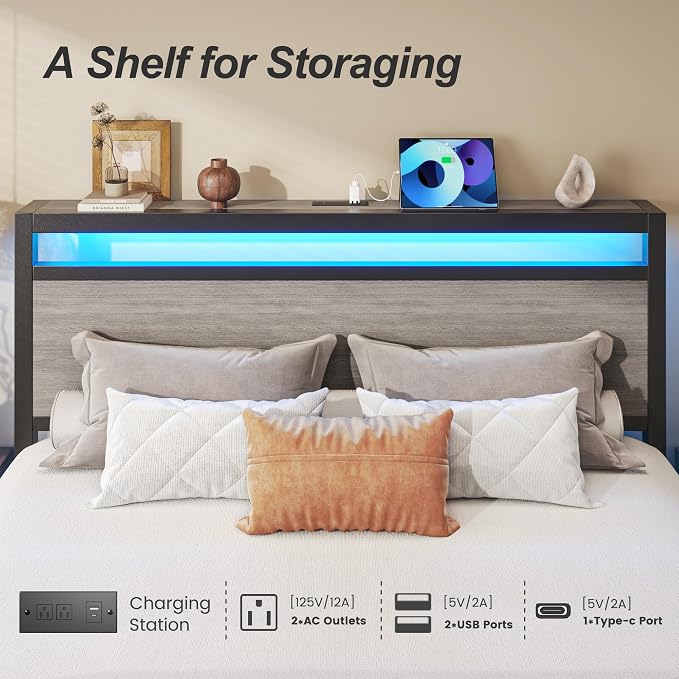 Fluest Queen Bed Frame,Queen Bed Frame with Storage Headboard & 2 Storage Drawer, Charging Station & LED Light, No Box Spring Needed, Noise Free, Easy Assembly, Rustic Grey