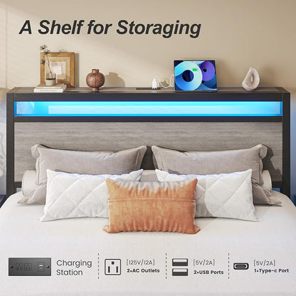 Fluest Queen Bed Frame,Queen Bed Frame with Storage Headboard & 2 Storage Drawer, Charging Station & LED Light, No Box Spring Needed, Noise Free, Easy Assembly, Rustic Grey