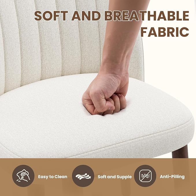 Upholstered Dining Chairs Set of 2, Modern Fabric Dining Chairs with Curved Backrest & Solid Rubber Wood Legs, Padded Kitchen Dining Room Chairs for Restaurant Cafe, Beige