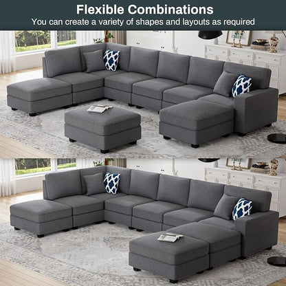 Legend Vansen Oversized Modular Sectional Sofa,U/L‑Shaped Reversible Couch with Ottoman,Deep Seat Plush Polyester Sofa for Living Room,9‑Seater,Dark Grey