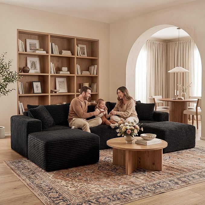 Claiks 94" Boneless Couch, Cloud Couch Sectional, U-Shape Corduroy Modular Sectional Sofa Deep Seat, Upholstered Couches for Living Room, No Assembly Required, Black