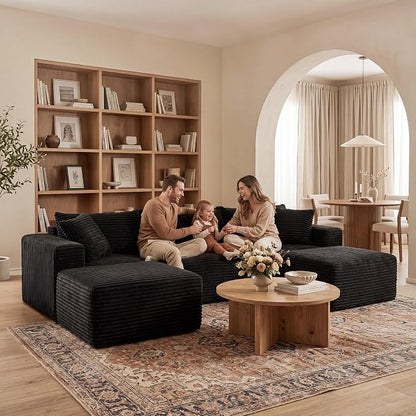 Claiks 94" Boneless Couch, Cloud Couch Sectional, U-Shape Corduroy Modular Sectional Sofa Deep Seat, Upholstered Couches for Living Room, No Assembly Required, Black