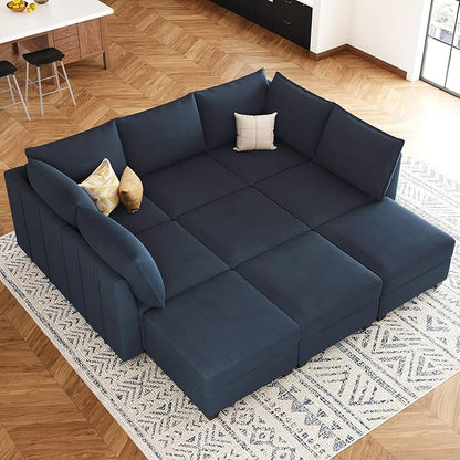 Belffin Modular Sectional Sofa Bed with Storage, 9-Seater Velvet Reversible Sleeper Couch for Living Room, Blue