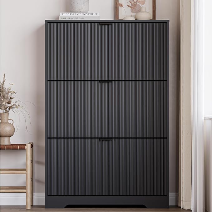 BORNOON Entryway Shoe Cabinet with 3 Flip Drawers, Narrow Shoe Organizer Cabinet with Fluted Panel and Adjustable Shelves for Foyer, Hallway