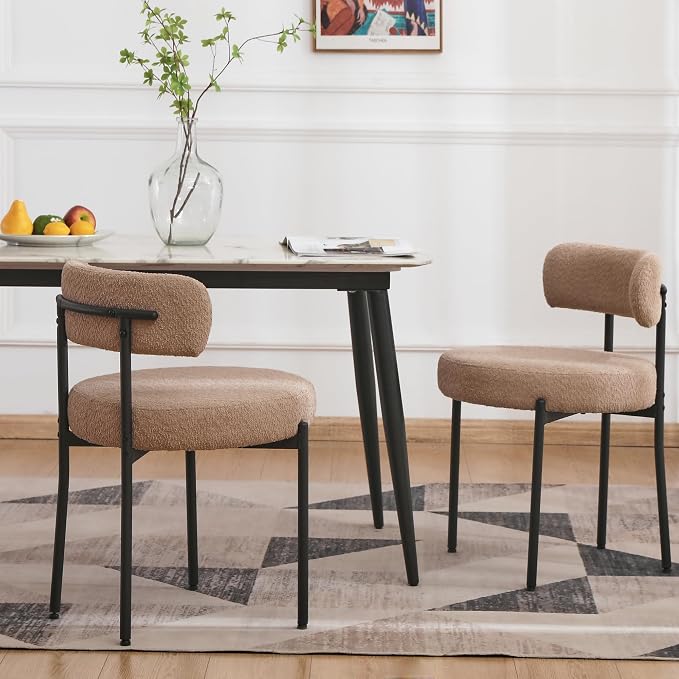 EDWELL Dining Chairs Set of 2, Round Upholstered Dining Room Chairs with Black Metal Legs, Modern Boucle Dining Chair for Dining Room, Kitchen, Living Room, Capacity 330lbs