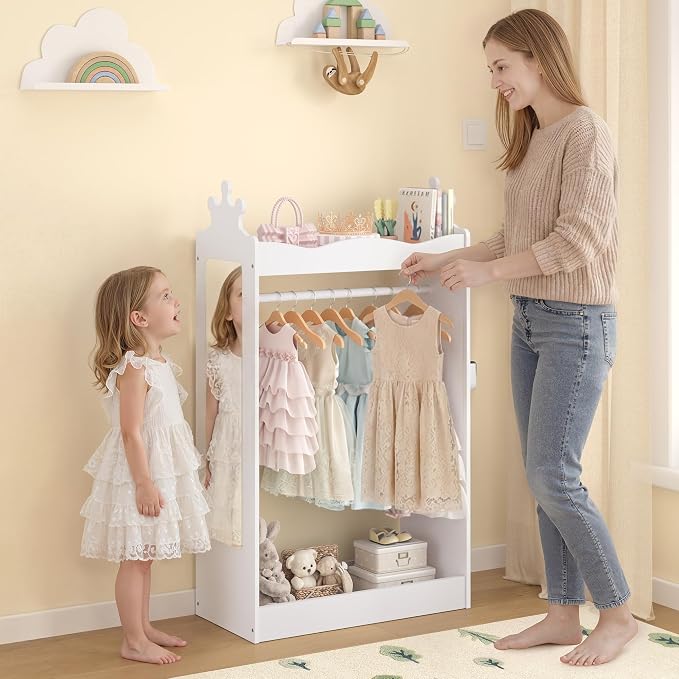 Curipeer Kids Dress Up Storage with Full-Length Mirror, Princess Closet for Little Girls, Kids Dress Up Rack with Crown Top, 42" Open Hanging Armoire Wardrobe for Bedroom, Playroom, Nursery, White