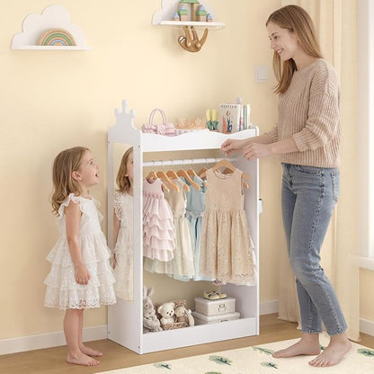 Curipeer Kids Dress Up Storage with Full-Length Mirror, Princess Closet for Little Girls, Kids Dress Up Rack with Crown Top, 42" Open Hanging Armoire Wardrobe for Bedroom, Playroom, Nursery, White
