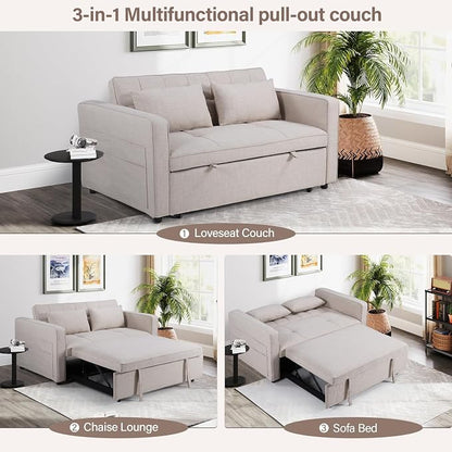 HAOMARKETS 3 in 1 Convertible Sleeper Sofa Bed, Loveseat Chaise Lounge with Pullout Bed, 2-Seater Futon Couches with Storage Pockets, 3-Level Adjustable Backrest and Pillows for Living Room, White