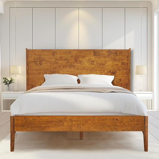 Acacia Haven Queen Bed Frame and Headboard, Platform Bed Frame Scandinavian Wood Bed Compatible with All Mattress Types, Wood Slats Support 800lbs Capacity, Quick & Easy Assembly, Caramel.