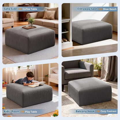 40" Oversized Large Square Corduroy Ottoman Pouf - Poofy Plush Foot Rest with Foam Chunk Filling, Movable Floor Pouf Footstool & Ottoman Coffee Table for Living Room Couch Bedroom, Grey(2 Pieces)