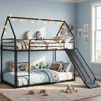 Bunk Bed with Slide, Twin Over Twin Bunk Bed with Ladder and Guardrail, Space Saving & Heavy Duty House Loft Bed for Kids, No Box Spring Needed(Black)