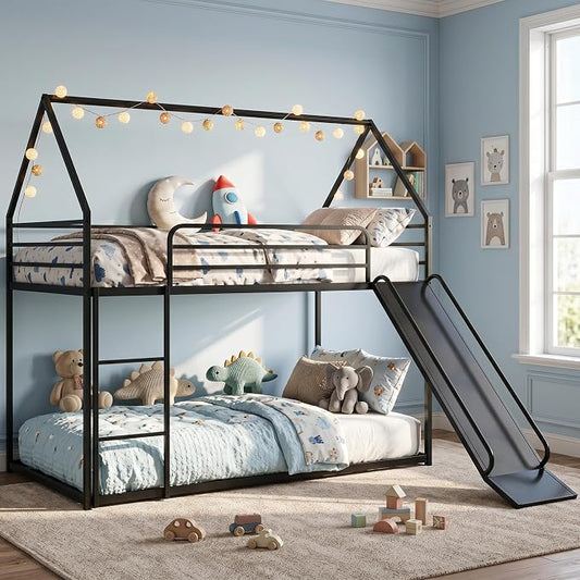 Bunk Bed with Slide, Twin Over Twin Bunk Bed with Ladder and Guardrail, Space Saving & Heavy Duty House Loft Bed for Kids, No Box Spring Needed(Black)